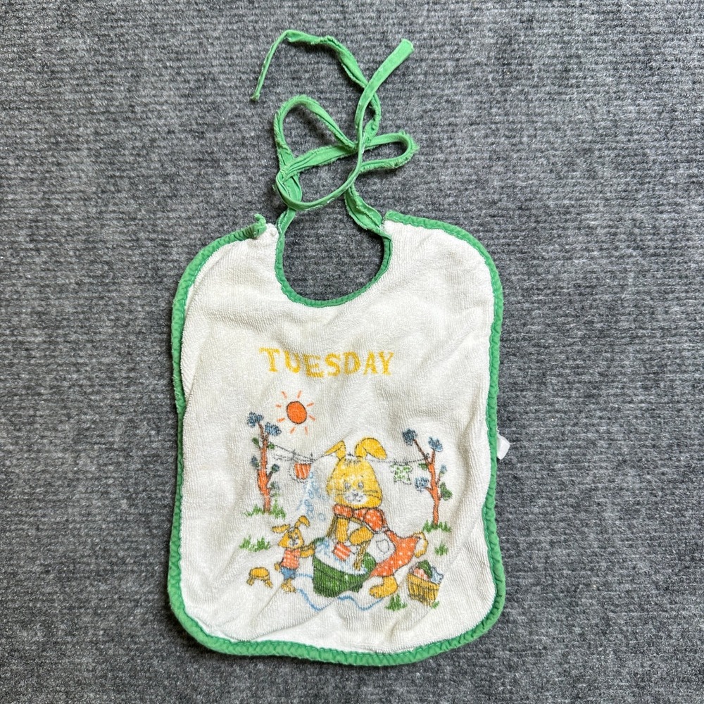 Vintage Tuesday Bunny Terry Cloth Baby Bib Green Trim Tie Closure
